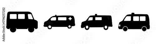 Four black silhouette ambulance vans and passenger vans on simple graphic