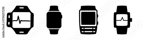 Four different smartwatches depicted as simple icons displaying various interfaces including heart rate