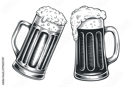 Two foaming beer mugs with bubbly heads and dripping foam