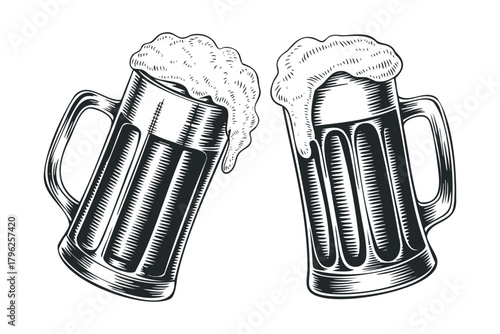 Two frothy beer mugs clinking together in celebration