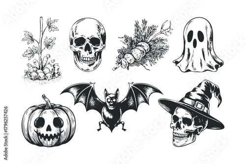 Collection of spooky Halloween icons including skull, bat, and pumpkin