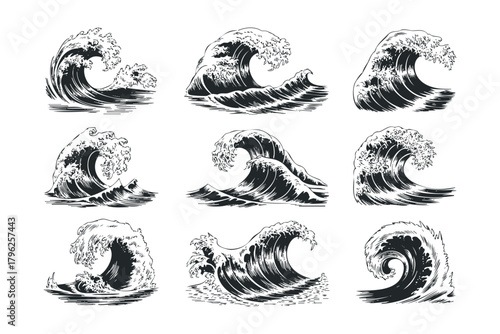 Collection of nine dynamic wave illustrations