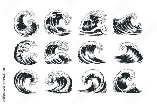 Collection of twelve stylized crashing ocean waves