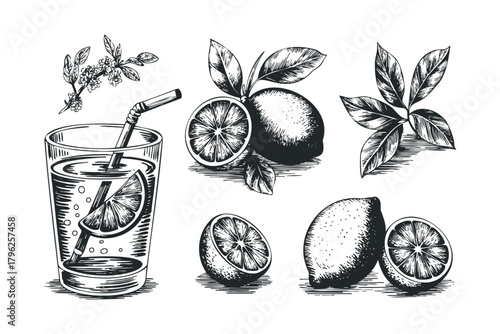 Hand-drawn citrus fruit and refreshing beverage composition