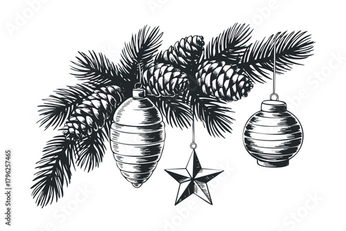 Black and white sketch of pine branch with ornaments and cones