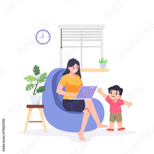 A happy family sits on a sofa, with the parents and children all using their own digital devices and being online connected to the internet in a flat design vector illustration