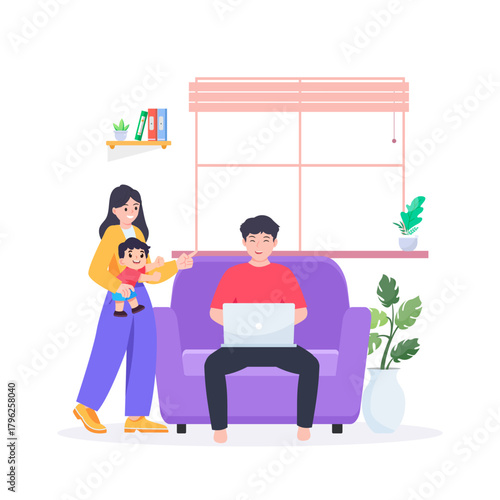 A happy family sits on a sofa, with the parents and children all using their own digital devices and being online connected to the internet in a flat design vector illustration
