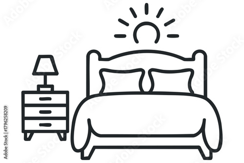 Simple line art of a bed with a nightstand and sun