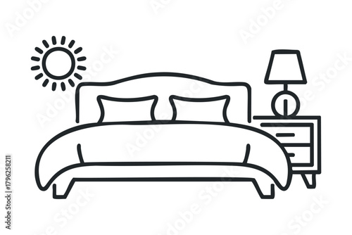 Bed with nightstand and sun icon