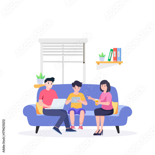 A happy family sits on a sofa, with the parents and children all using their own digital devices and being online connected to the internet in a flat design vector illustration