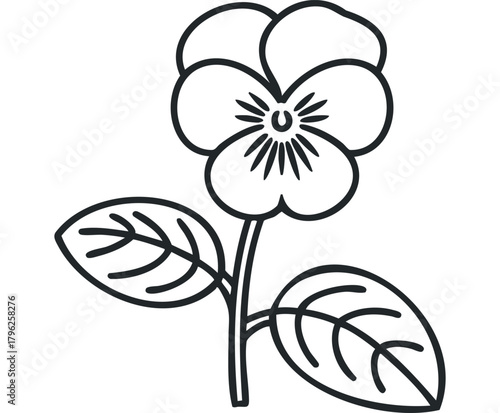 Simple Line Drawing of a Pansy Flower with Leaves
