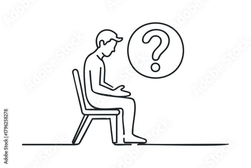 Man sitting on chair with question mark above head