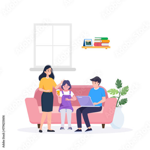 A happy family sits on a sofa, with the parents and children all using their own digital devices and being online connected to the internet in a flat design vector illustration