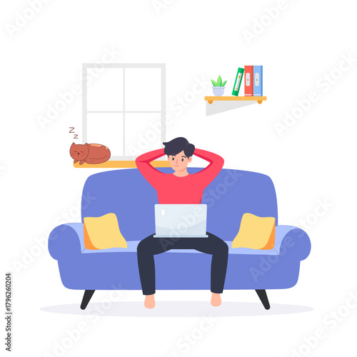 Working at home, coworking space, concept illustration. Young people, mаn and womаn freelancers working on laptops and computers at home. Vector flat style illustration