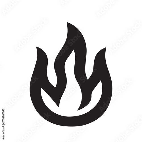 Black and white illustration of a stylized flame with a circular base, representing fire.