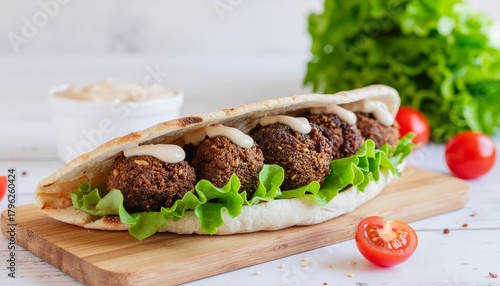 Fototapeta Naklejka Na Ścianę i Meble -  A falafel sandwich with lettuce and tahini sauce, served on a wooden board with tomatoes and lettuce in the background.