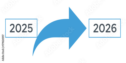 Transition from 2025 to 2026 represented by a blue curved arrow. isolated on white background, Vector