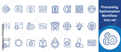 Processing Optimization Workflow Icon Set, Processing Optimization, Workflow Improvement, Process Mapping, Efficiency Improvement, Lean Process, Automation Flow, Task Sequencing, Process Analysis and 