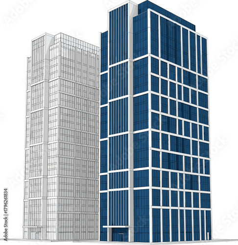 Modern high rise office tower rendering, contemporary blue glass skyscraper architecture illustration, commercial building design concept for urban city development projects