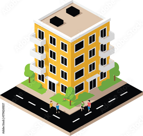 Modern isometric apartment building, city street illustration, urban architecture design, residential neighborhood, real estate property, 3D vector building scene, yellow exterior