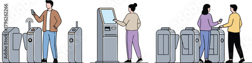 People using metro ticket gates and kiosk machines with mobile payment technology, modern public transportation entry system illustration for urban transit