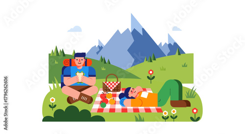 Enjoying Peaceful Mountain Picnic: Two People Relaxing And Taking A Repose