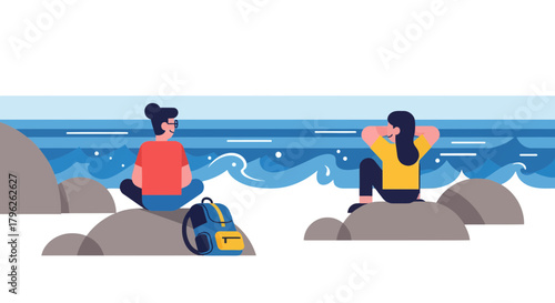 Enjoying the Seaside View and Serenity with a Companion on a Calm Day