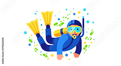 Drawn Diver Swimming Up In Illustration Graphic With Colorful Bubbles Against Black Space