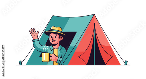 Enthusiastic Camper Waving From The Entrance Of A Tent Drinking Warm Beverage