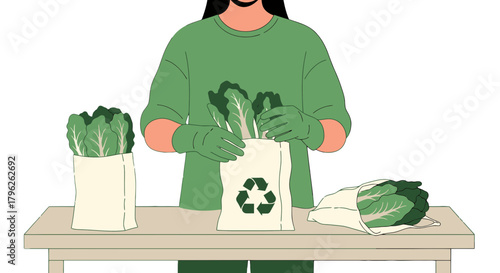 Eco-Conscious Individual Sorting Fresh Vegetables Into Reusable Shopping Bags