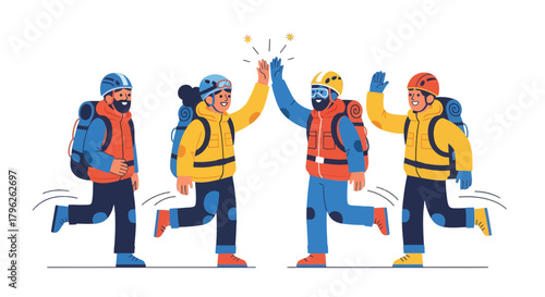 Enthusiastic Climbers Celebrate Success Achieving Goals And Working Together Cheerfully