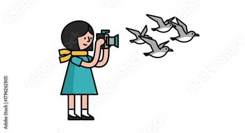Enthusiastic Woman Capturing Flight Of Birds Photography Art In Simple Illustration Style