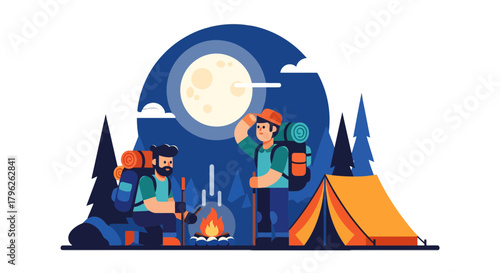 Evening Adventure Illustration Depicting Campers Enjoying Nature Under Night Sky