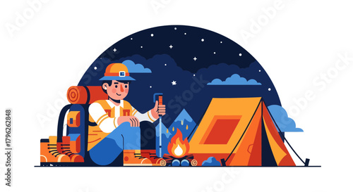 Evening Adventurer Enjoying Camping Scene With Tent, Fire, And Backpack Under Starry Sky