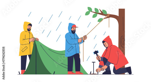 Establishing Campsite During A Stormy Night With Adventurous Group Of Friends