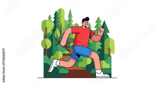 Energetic Athlete Joyfully Running Through A Lush Forest Environment Trail Road