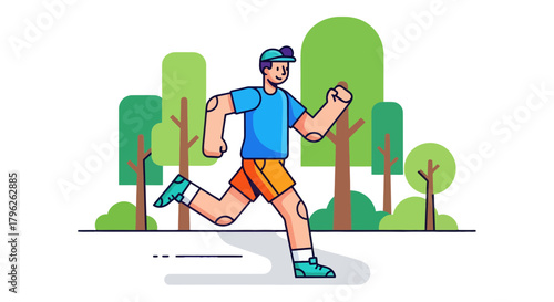 Energetic Athlete Jogging on Path in a Lush Park with Vibrant Green Trees Cartoon Illustration