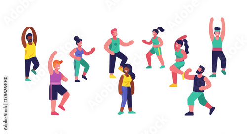 Energetic Diverse Group Engaging in Dynamic Aerobic Movements Against Black Background