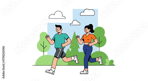 Energetic Couple Enjoying a Run in a Picturesque Park with Cheerful Weather