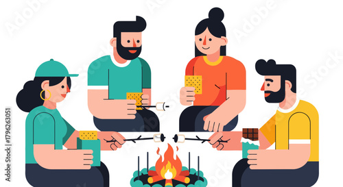 Evening Campfire Gathering Vector: Friends Roasting Marshmallows, Enjoying Sweet Moments Together
