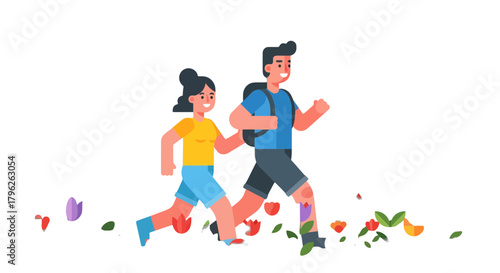 Energetic Duo Embarking on a Trail Run Amidst Vibrant Flora and Fauna