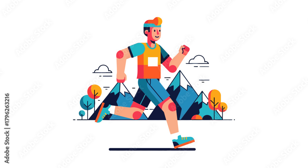 Fototapeta premium Energetic Runner Achieving Peak Fitness Leaping Through Vibrant Mountain Landscape