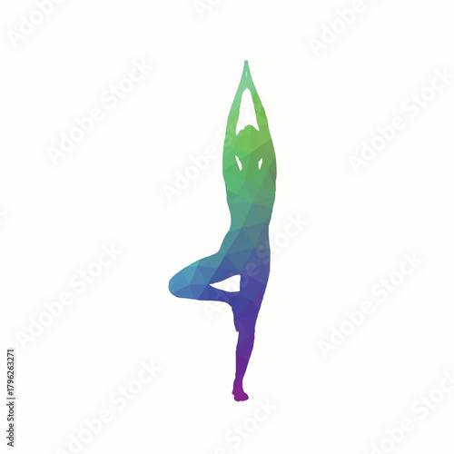 Multicolored silhouette of a woman practicing yoga in tree pose on a white background