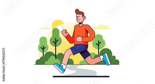Energetic Runner In A Stylish Illustrated Park Amidst Trees and Sun during Daytime