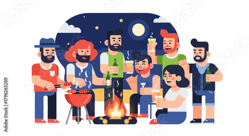 Evening Gathering: Friends Enjoying Food, Drinks, and Togetherness at a Backyard Bonfire