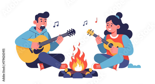 Evening Music Around Campfire Illustrates Friendship And Shared Musical Enjoyment