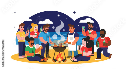 Evening Outdoor Gathering on Beach with Friends and BBQ