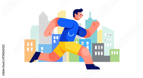 Energetic Runner Sprinting Towards Success Past Buildings As Daily Urban Exercise