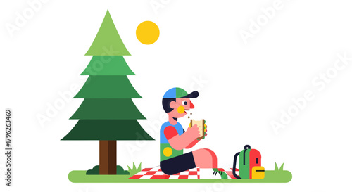 Evening Picnic Scene: A Person Relaxes and Eats a Sandwich Near a Tree Under the Moon