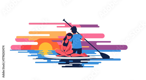 Evening Paddling For Two On Paddleboard Under A Colorful Sunset Silhouette